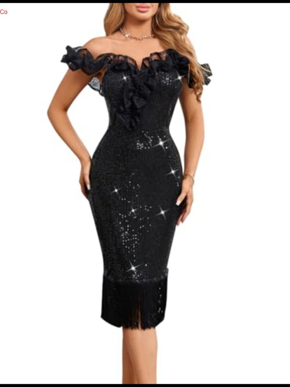 Sequin Off Shoulder Ruffle Bodycon Midi Formal Cocktail Party Dress